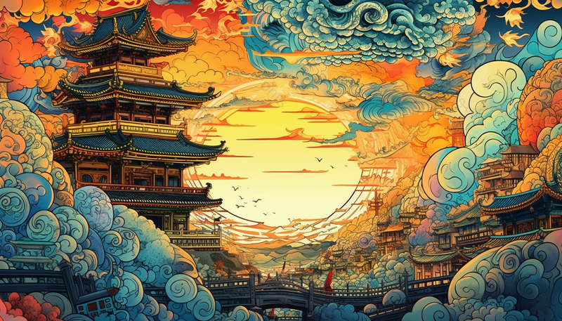 国潮风古建筑祥云手绘插画,插画/手绘图,插画/手绘图库,插画/手绘图下载,插画/手绘